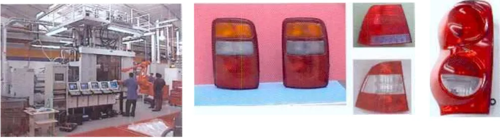 Fig. 1.- Productos representativos y maquina Krauss Maffei para inyectar 4 colores.