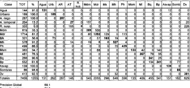 Tabla 7. Matriz de Evaluación de la Imagen Landsat TM-5 de Octubre de 1995.