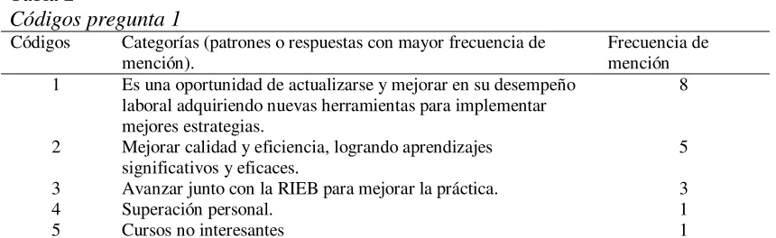 Tabla 2 Códigos pregunta 1 
