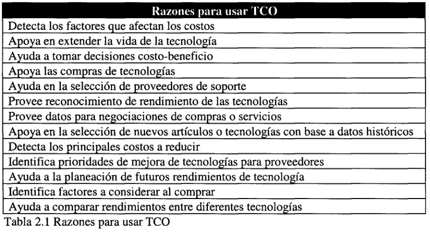 Tabla 2.1 Razones para usar TCO 