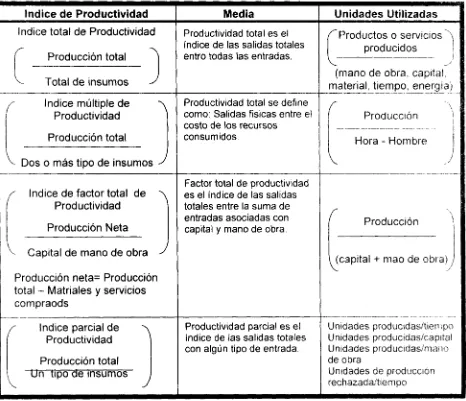 Tabla 2. índice de productividad, definición y unidades de medición.