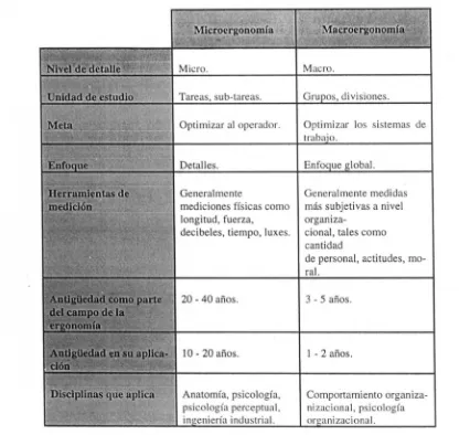Tabla 1.1 Comparación entre la micro y la macroergonomía. 