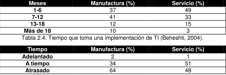 Tabla 2.5. Tiempo que se desfazan las empresas en implementar TI (Beheshti, 2004). 