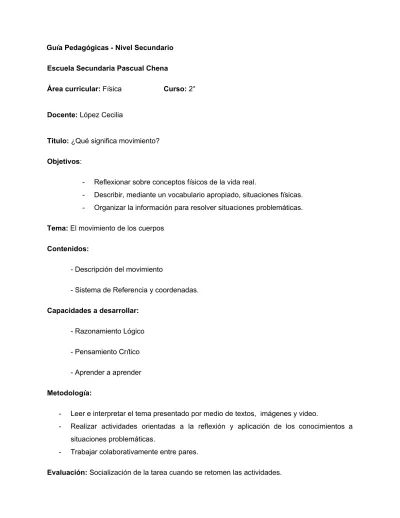 Guía Pedagógicas Nivel Secundario Escuela Secundaria Pascual Chena Área Curricular Física 3796