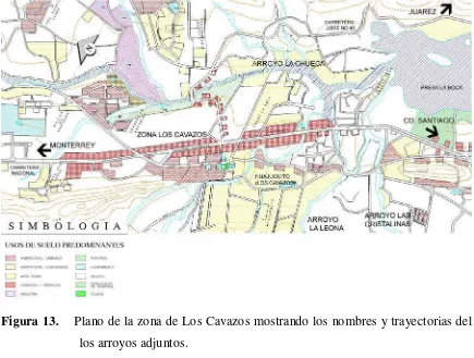 Figura 13.    Plano de la zona de Los Cavazos mostrando los nombres y trayectorias del 