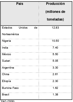 Tabla 1.3.3. Principales países productores de sorgo  en el 2007 1 