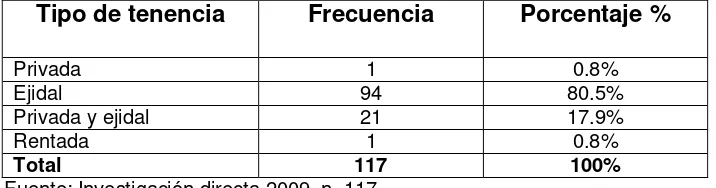 Cuadro 9.5. Tipo de tenencia de la tierra en que se ubican los productores del área objeto de estudio  