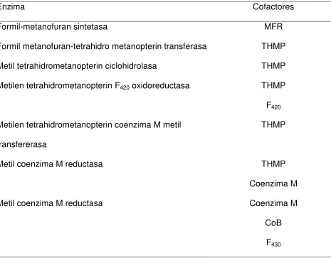 Cuadro 3. Enzimas y cofactores que intervienen en la metanogénesis. 