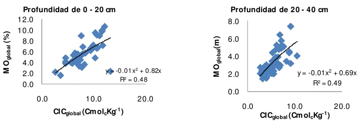 Fig. 2 Relación entre MO y CIC en ambas profundidades. 
