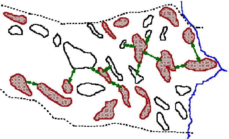 Figura 2. Ejemplo de metapoblaciones (representadas en rojo) [23] 