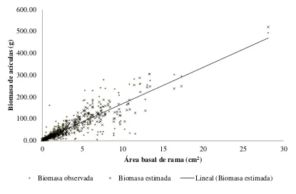 Figura 2.1 Relación entre los datos medidos y estimados de biomasa de acículas por rama 