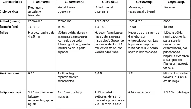 Cuadro 1. Datos generales de las especies de lupino localizadas en la región de los valles del Serdán y Libres de  