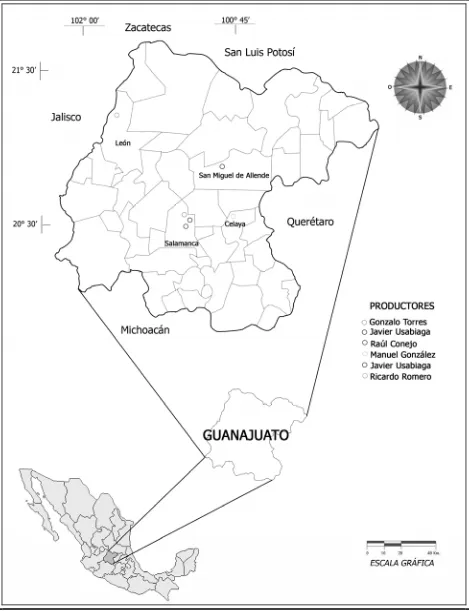 Figura 2. Localización de las bodegas de diversos productores donde se recolectaron bulbos de ajo (Allium sativum) con daño por Aceria tulipae, en el Estado de Guanajuato