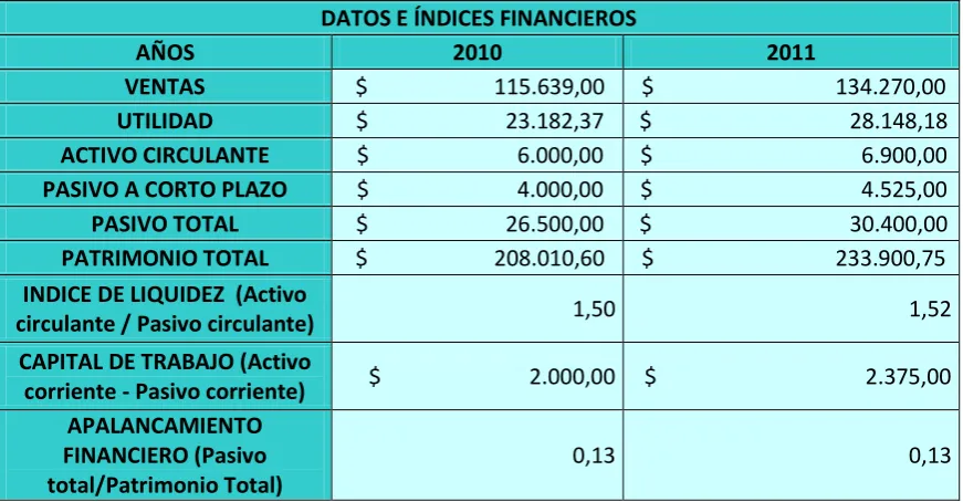 Tabla 11. Datos e índices financieros de RODIMAX 