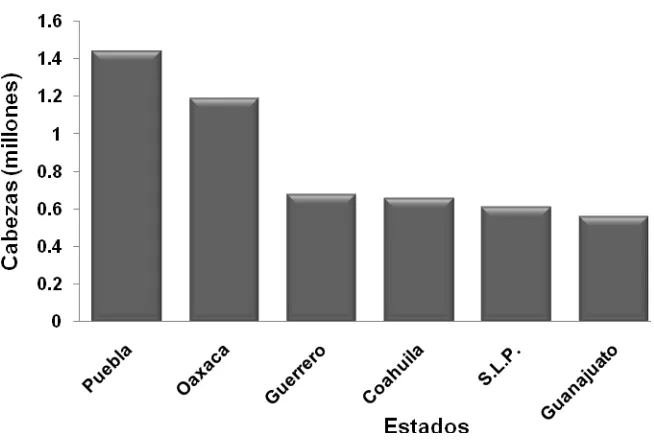 Figura 1.  Principales estados donde se ubica la población caprina en México 
