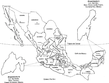 Figura 2. Ubicación de los experimentos realizados en campo (E1: Quintana Roo) e invernadero (E2: Estado de México), con plantas de guanábano en minirrizotrones