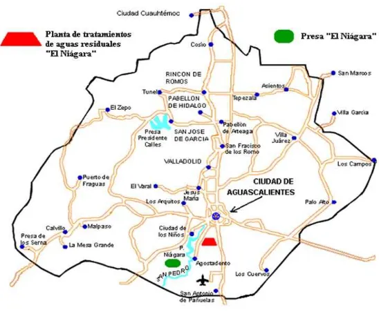 Figura 3. 2.  Ubicación de la PTAR y la presa “El Niagára”, dentro del municipio  de Aguascalientes