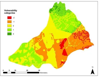 Figure 33. Comparison of vulnerability categories between DRASTIC conventional approach and the Savic and Pedrycz defuzzified maps  