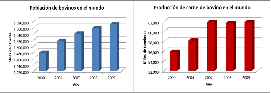 Figura 4. Población de bovinos y producción de carne en el mundo 