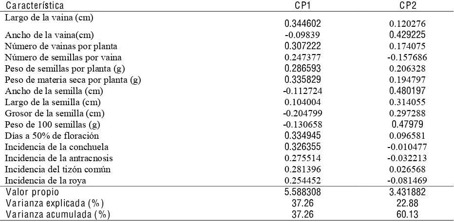 Cuadro 4. Proporción de la varianza total, vectores y valores propios de los dos primeros 