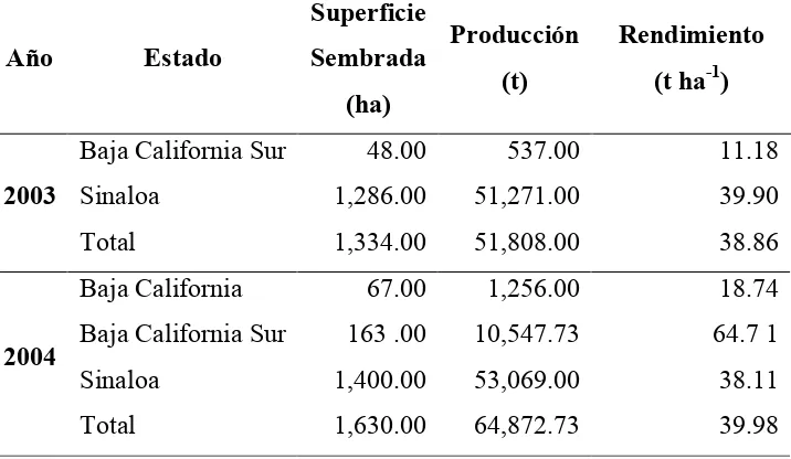 Cuadro 5. Superficie sembrada (ha), producción (toneladas) y rendimiento (t ha-1) de pimiento morrón en los principales estados productores de México 2003 - 2004