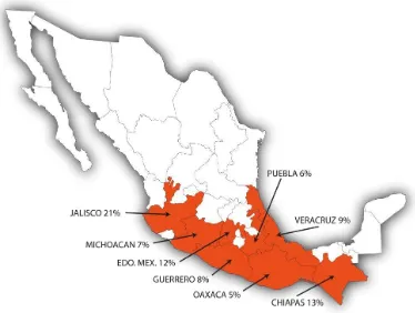 Figura 33. Ubicación geográfica de los principales estados productores de maíz de temporal en  