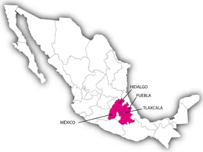 Figura 35. Ubicación geográfica de los  estados que conforman la región de los valles altos centrales de México Fuente: Elaboración propia