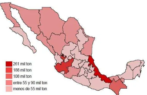Figura 1. Producción de carne de ganado bovino en México (Financiera rural, 2012). 