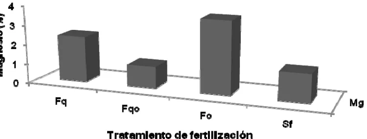 Figura 12. Porcentaje inicial de magnesio en cladodios de nopal en los tratamientos de fertilización química, química orgánica, orgánica y sin aplicación de fertilizante