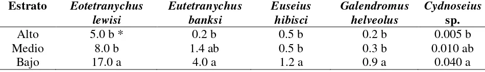 Cuadro 2.3 Promedio de ácaros por hoja de las especies presentes en diferentes estratos de papayo, durante nueve fechas de muestreo en Manlio F