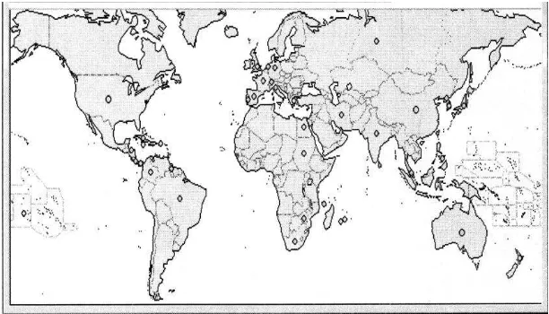 Figura 1. Distribución de  Erwinia chrysanthemi pv zeae. CAB International, 2007. Crop Protection Compendium, Global Module, 2007 Edition