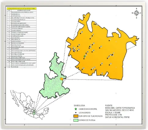 Figura 1. Ubicación espacial del municipio de Tlachichuca a nivel nacional y estatal.  