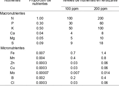 Cuadro 2. Comparación de proporciones de nutrientes de Ingestad para Pseudotsuga  menziesii   y  niveles  nutricionales a  dos  concentraciones de N* 