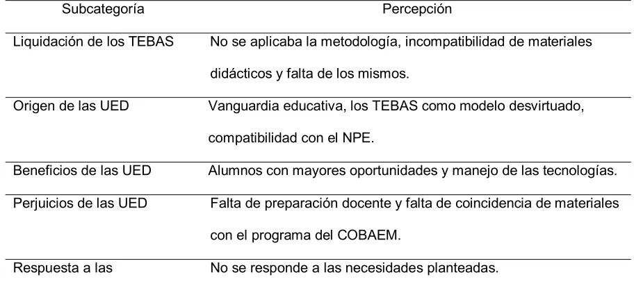 Tabla 2  Percepción de las causas de origen de las UED y desaparición de los TEBAS. 