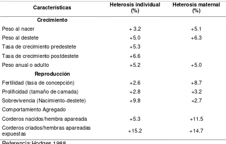 Cuadro 2. Heterosis individual y materna  en características de crecimiento y reproducción en  ovinos