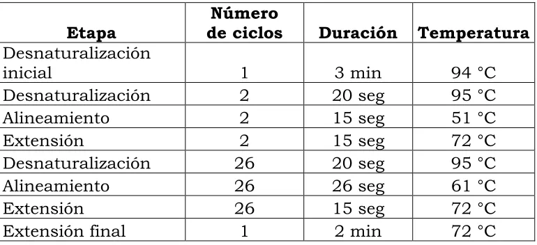 Cuadro 3: Condiciones del termociclador para la rt-PCR anidada de 