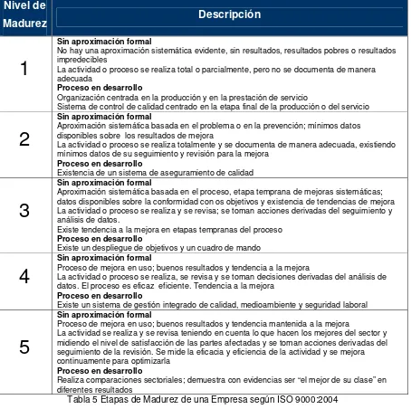 Tabla 5 Etapas de Madurez de una Empresa según ISO 9000:2004 