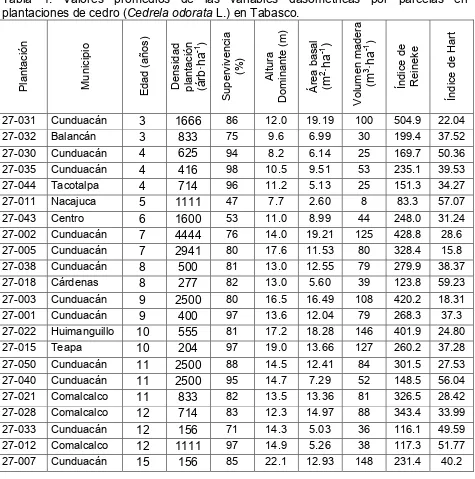 Tabla 1. Valores promedios de las variables dasométricas por parcelas en  