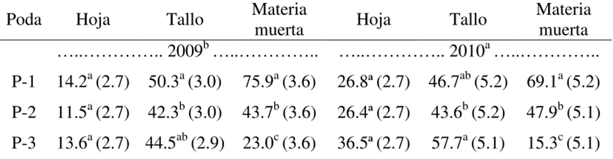 Cuadro  1.  Componentes  de  la  biomasa  forrajera  (g  MS  árbol -1 )  del  árbol  Guazuma  ulmifolia Lam., podado en diferentes momentos de la época de lluvias (P-1, P-2 y P-3) en  dos años de evaluación