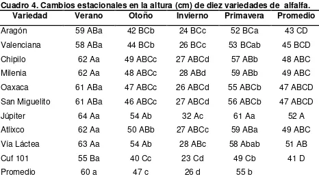 Cuadro 4. Cambios estacionales en la altura (cm) de diez variedades de  alfalfa. 
