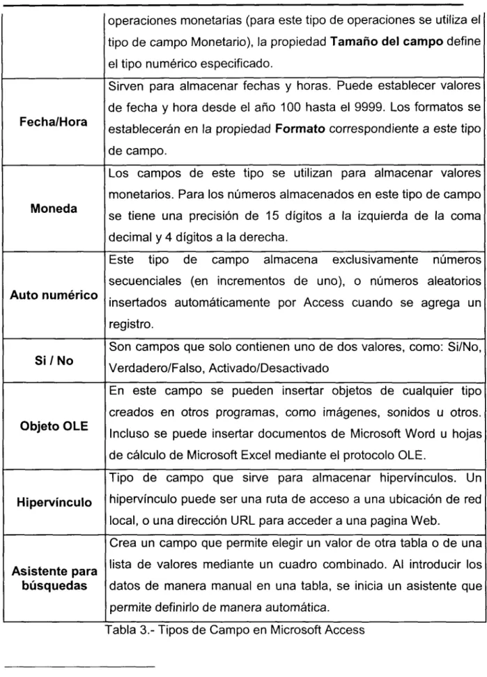 Tabla 3.- Tipos de Campo en Microsoft Access