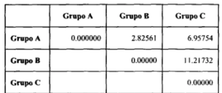 Tabla 3.7. Distancia cuadrada de Mahalanobis Grupo A Grupo B Grupo C Grupo A 0.000000 Grupo B 2.825610.00000 Grupo C 6.9575411.217320.00000