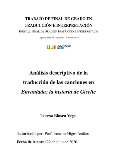 Análisis descriptivo de la traducción de las canciones en Encantada la historia de Giselle