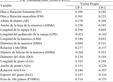Cuadro 1.3. Vectores propios asociados a los dos primeros componentes principales del análisis de 16 variables, en 88 accesiones tipo de 10 razas de maíz