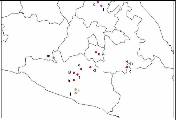 Figura 1. Distribución geográfica de las 13 poblaciones de las cuatro especies de Neobuxbaumia