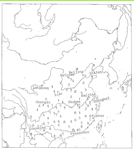 Figura 1. Distribucion de varias especies de Paulownia en China. (1) P. tomentosa; (2) P