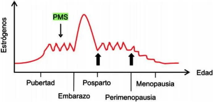 Figura 1. Riesgo de depresión durante el ciclo hormonal femenino. Las flechas negras indican el 