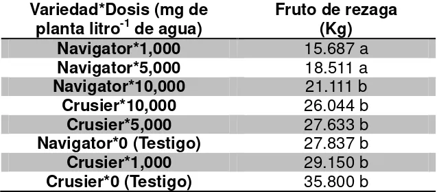 Cuadro 5. Efecto en la calidad de fruto de rezaga de Melón en diferentes dosis de extracto de gobernadora