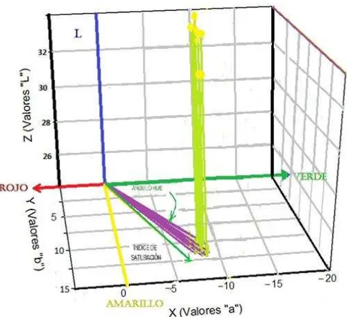 Figura 6. Ubicación del color del nopal verdura (Opuntia ficus indica L.) en un plano tridimensional, en respuesta a la frecuencia de riego y a la fuente de fertilización