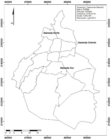 Figura 1.1. Ubicación de los sitios para el estudio dentro del Distrito Federal. 